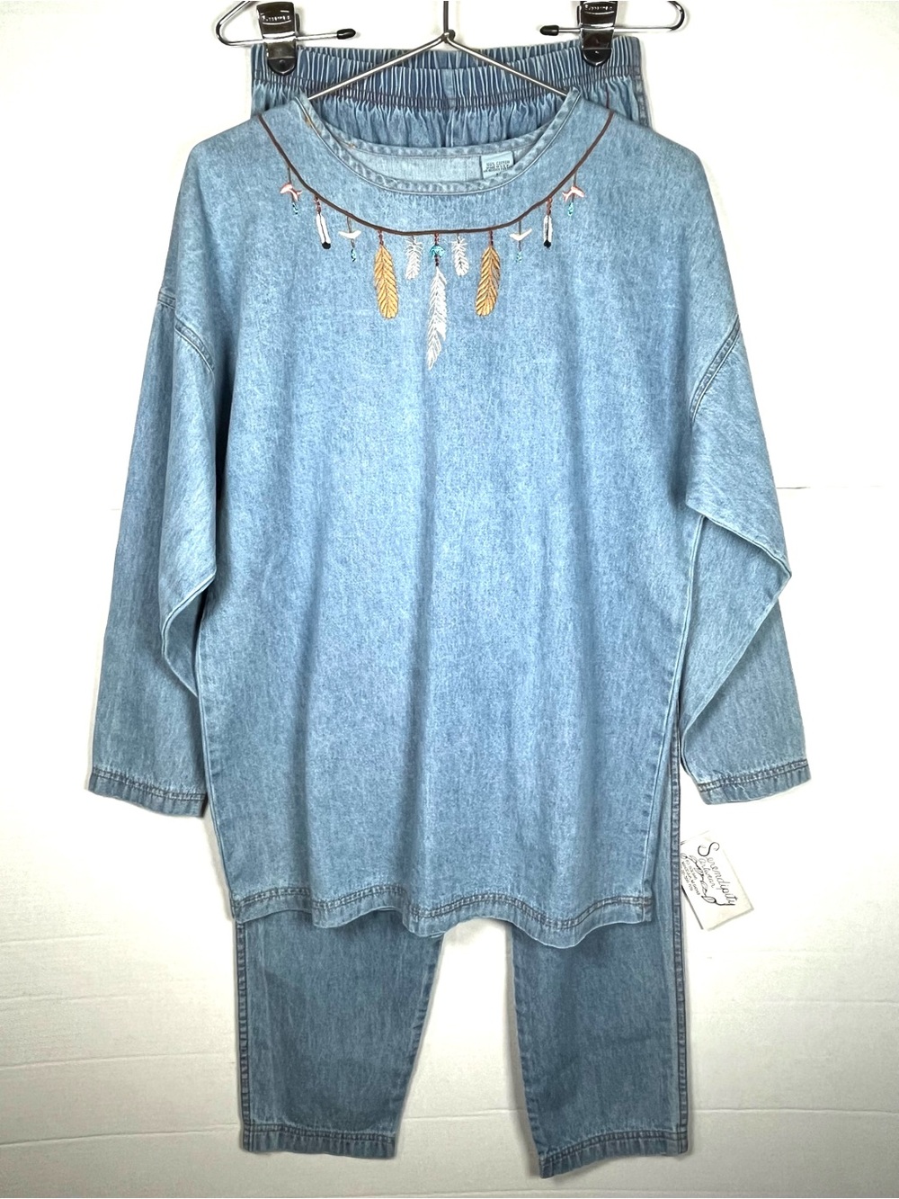 NWT Denim Two-Piece Pantsuit with Feather Embroidery